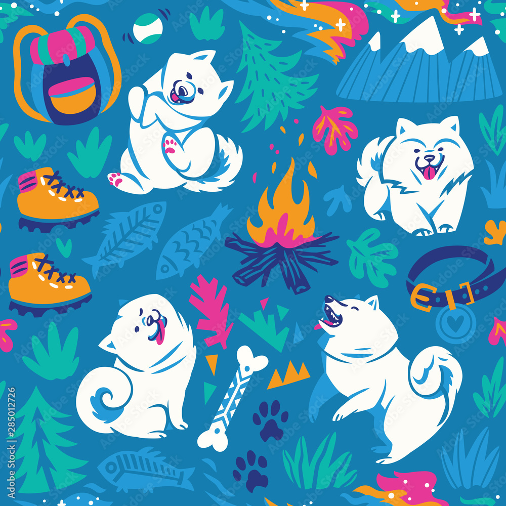 Obraz premium Seamless pattern with dogs walking in forest. Vector illustration.