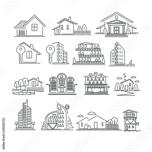 Buildings or real estate isolated outline icons, houses and apartments