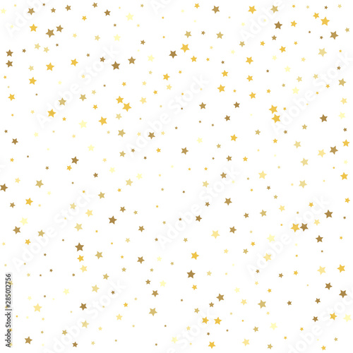 Christmas stars background vector, flying gold sparkles confetti. Gold flying stars confetti magic cosmic christmas vector.