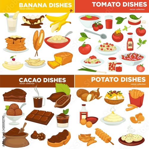 Banana and tomato, cocoa and potato dishes, cooking and cuisine