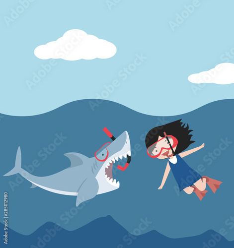 Cute flat Shark open mouth with girl diving equipment