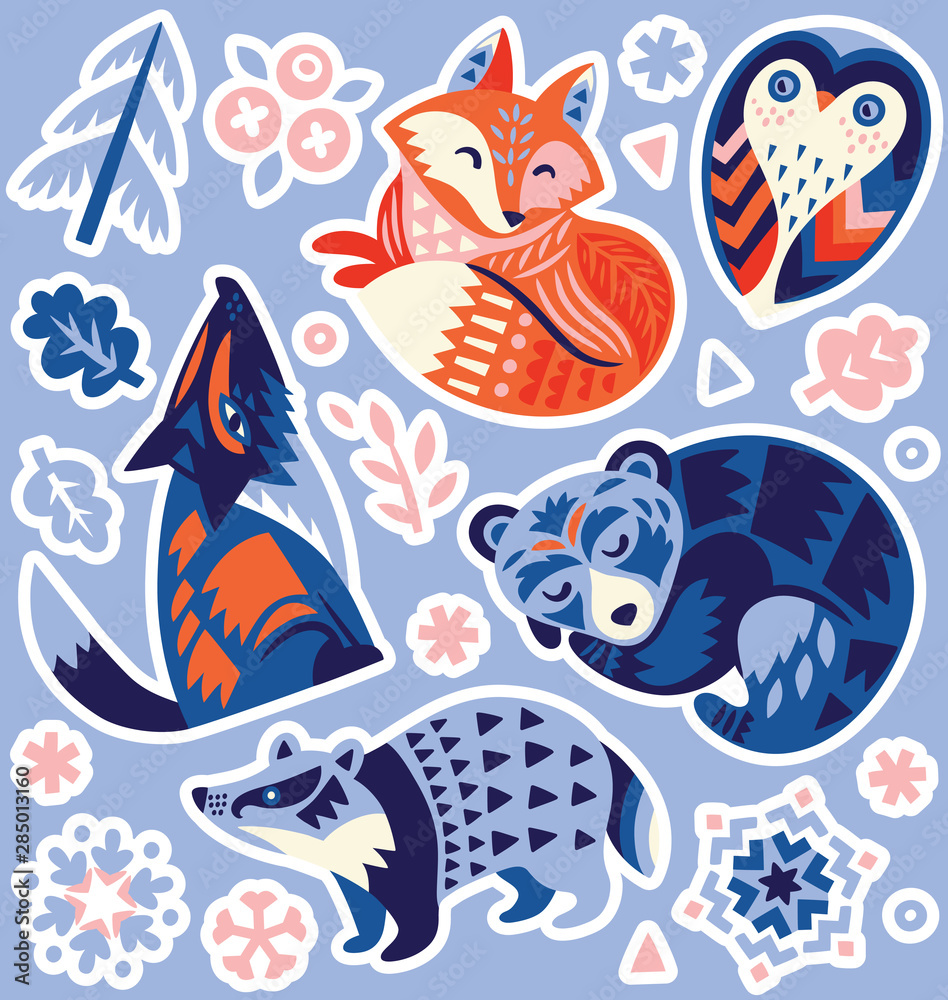 Set of Christmas stickers with decorative forest animals