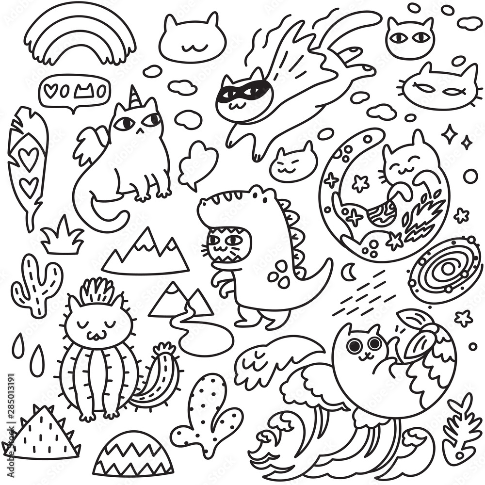 Black and white kitty characters and elements in kawaii style. Vector ...