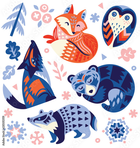 Set of Christmas graphic elements with decorative forest animals