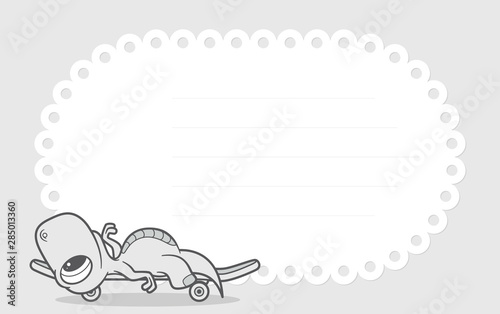 Vector template, baby invitation card with cartoon little dino. Grey background.