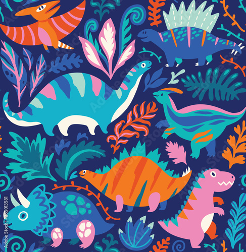 Endless background with cartoon dinosaurs. Childish background