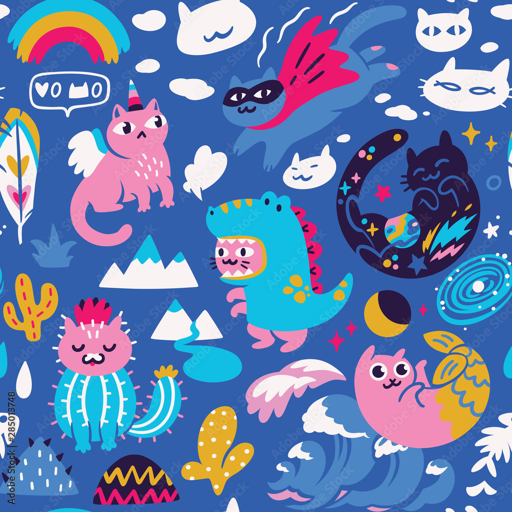 Seamless pattern with different hand drawn kawaii cats, mermaid, unicorn, dinosaur and super hero. Vector illustration