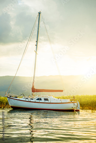 North macedonia. Ohrid. White sailboat on Ohrid lake beside reeds in sunset. Vertical photo