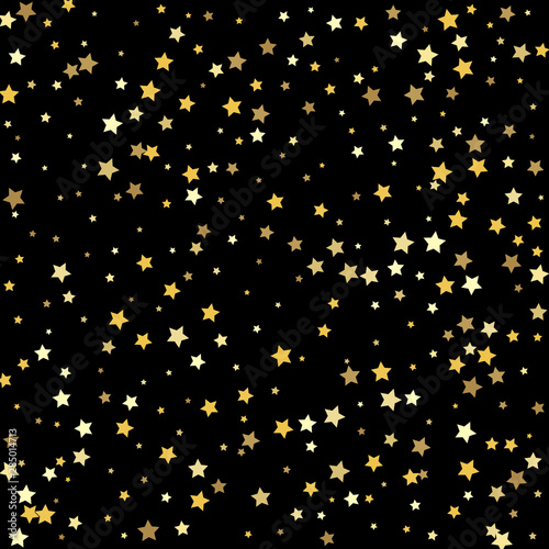 Christmas stars background vector, flying gold sparkles confetti. Holiday party decor.