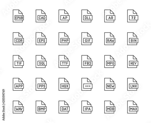 File format flat line icons set. Epub, dll, pps, gif, sql, fb2, eps, app document vector illustrations. Outline signs for extension. Pixel perfect 64x64. Editable Strokes