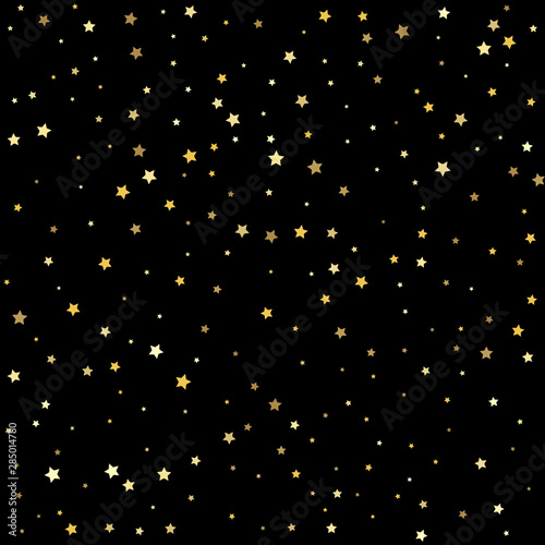 Confetti cover from gold stars. Christmas and New Year card, invitation, postcard, paper packaging.