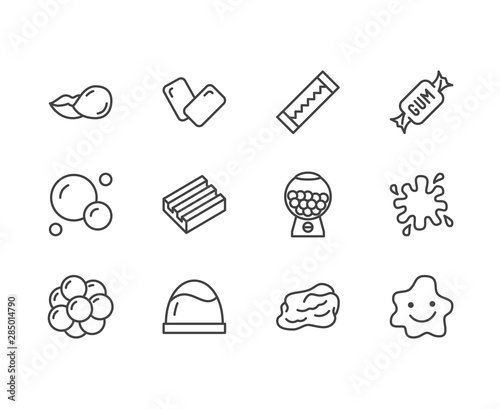 Bubble gum flat line icons set. Chewing candy in stick, pads, bubblegum pack, slime blob vector illustrations. Outline signs for sweets store. Pixel perfect 64x64. Editable Strokes photo