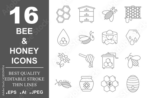 Beekeeping and honey line icons set. Honey industry concept. Set of Bee products and beekeeping symbols. Logo and packaging design, labels and tags with bees and honeycombs. Editable Stroke. EPS 10.