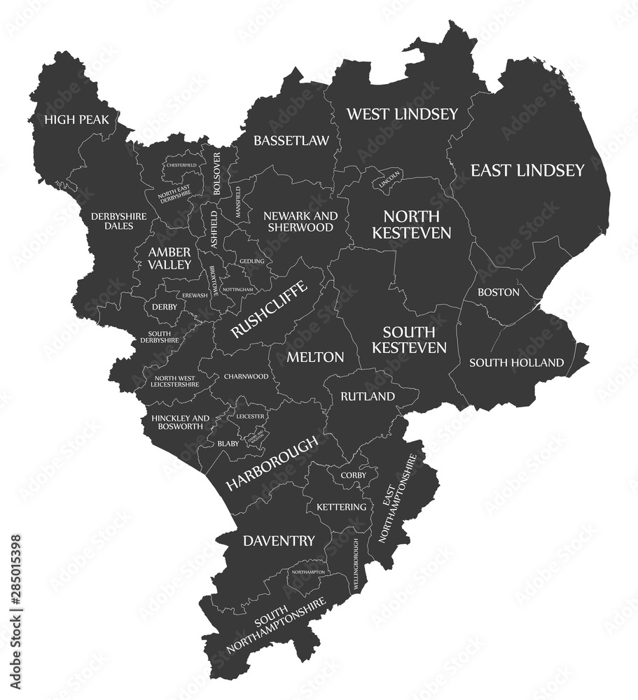 Modern Map - East Midlands map of England UK with districts and labels black