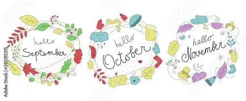 Hello September, Hello October, Hello November - modern hand lettering inscriptions set. Autumn months. Vector inscriptions.