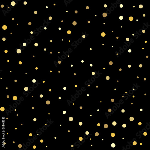 Christmas dots background vector, flying gold sparkles confetti. Texture of gold foil.