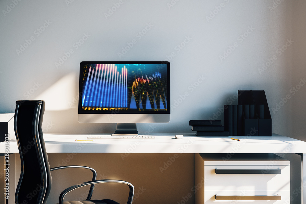 Cabinet desktop interior with financial charts and graphs on computer screen. Concept of stock market analysis and trading. 3d rendering.