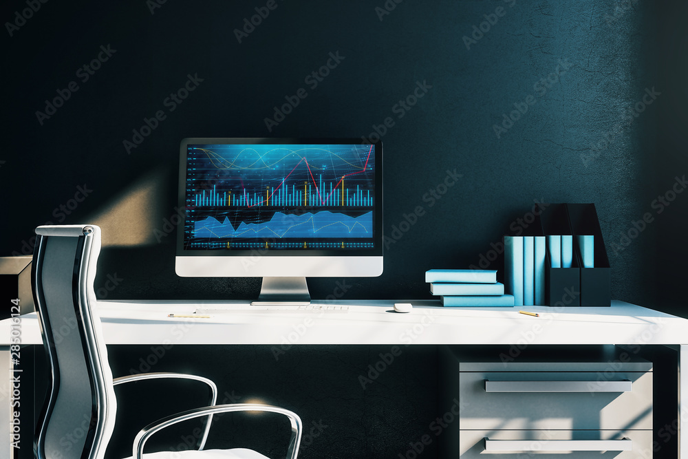 Naklejka premium Cabinet desktop interior with financial charts and graphs on computer screen. Concept of stock market analysis and trading. 3d rendering.