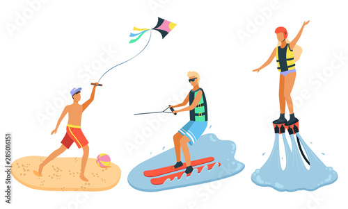Man flying kite on beach. Guy in sunglasses water skiing. Woman in life vest and helmet flyboarding. Recreational water sports, seaside leisure vector. Flat cartoon. Summertime activity