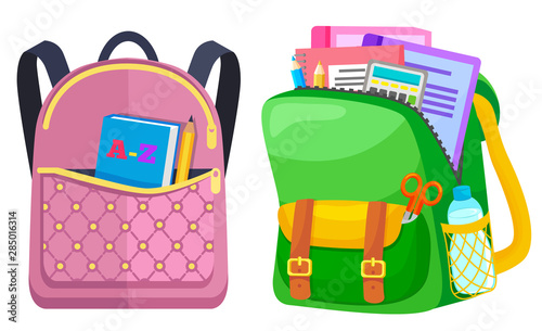 Colored school backpack. Education and study back to school, schoolbag luggage, rucksack vector illustration. Kids school bag with education equipment. Backpacks with study supplies. Student satchels