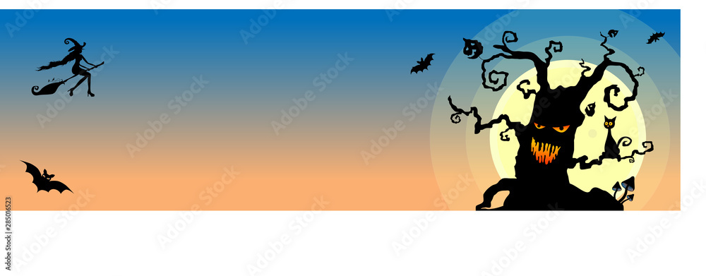 Happy halloween poster, halloween banner, halloween background, halloween party, with witch, black cat, moon and scary tree. Illustration on blue background.