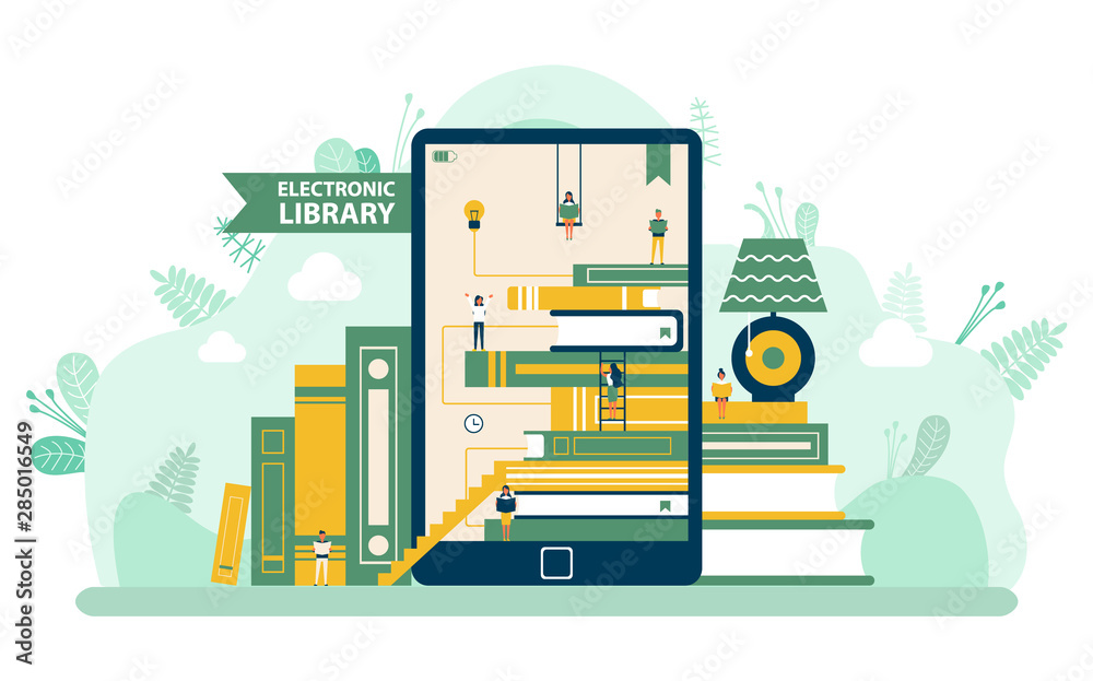 Electronic library, screen of tablet decorated by reading people, book and stairs. Ebook and elearning, modern technology for education, literature vector. Flat cartoon. Back to school concept