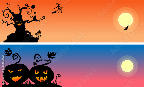 Happy halloween poster, halloween banner, halloween background, halloween party, with terrible pumpkins, moon, witch and scary tree. Eps10 vector illustration.