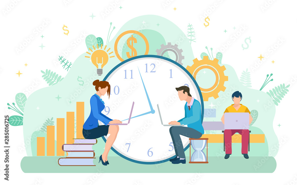 Man and woman time management vector, people working with laptops and computers sitting on books and hourglass. Workers with clock and cogwheels dollar. Flat cartoon Man and woman time management vector, people working with laptops and computers sitting on books and hourglass. Workers with clock and cogwheels dollar. Flat cartoon