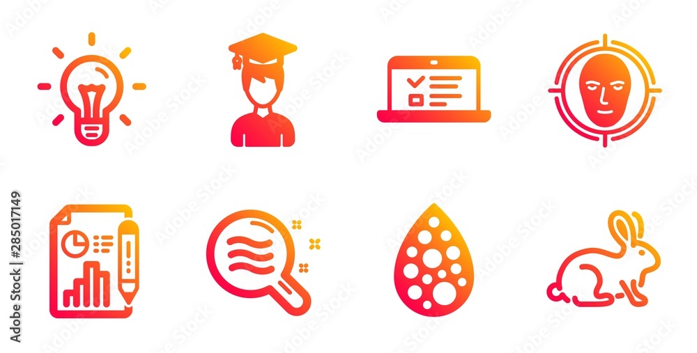 Artificial colors, Student and Report document line icons set. Skin condition, Face detect and Idea signs. Web lectures, Animal tested symbols. Natural flavor, Graduation cap. Science set. Vector