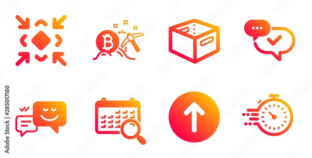 Minimize, Office box and Search calendar line icons set. Swipe up, Bitcoin mining and Happy emotion signs. Approved, Timer symbols. Small screen, Delivery box. Technology set. Vector