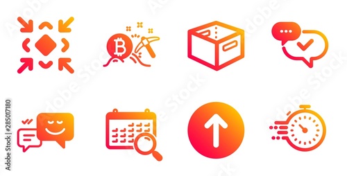 Minimize  Office box and Search calendar line icons set. Swipe up  Bitcoin mining and Happy emotion signs. Approved  Timer symbols. Small screen  Delivery box. Technology set. Vector