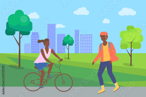 Boy rollerblading in casual clothes and afro-american woman riding on bike, people in city part. Man wearing helmet, person on rollerblades, urban activity vector. Flat cartoon