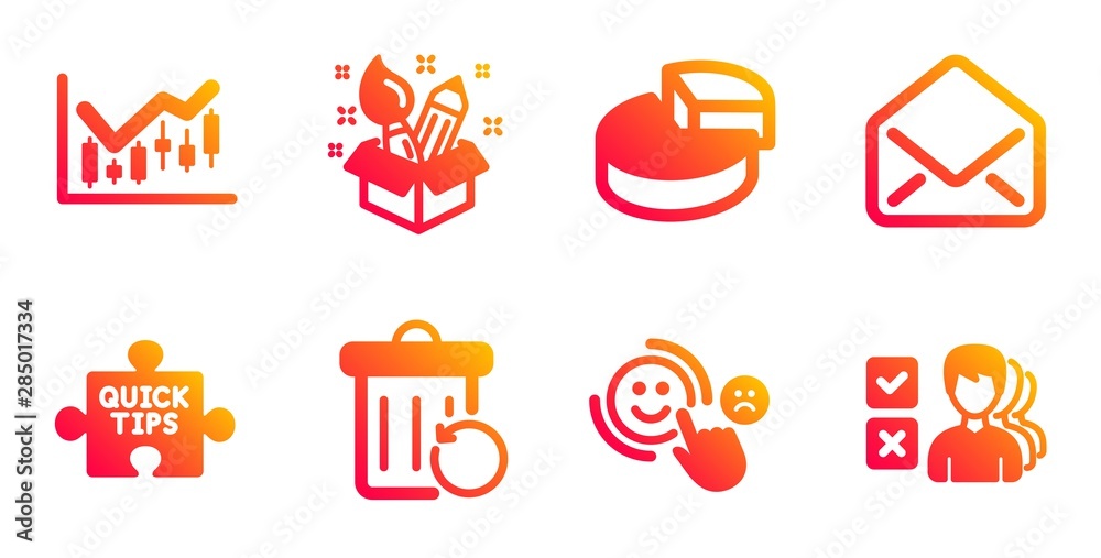 Quick tips, Financial diagram and Mail line icons set. Pie chart, Customer satisfaction and Recovery trash signs. Creativity, Opinion symbols. Tutorials, Candlestick chart. Education set. Vector