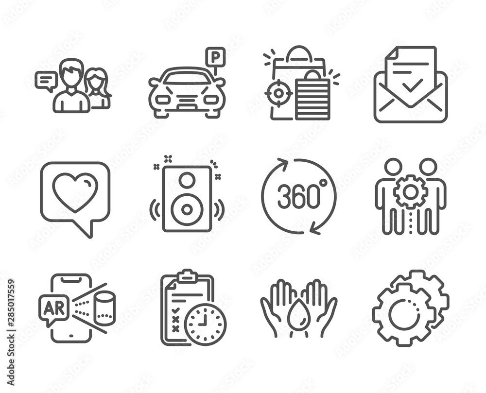 Set of Technology icons, such as Speakers, Safe water, Augmented reality, Heart, Exam time, Parking, Approved mail, People talking, Employees teamwork, Settings gears, 360 degrees. Vector Set of Technology icons, such as Speakers, Safe water, Augmented reality, Heart, Exam time, Parking, Approved mail, People talking, Employees teamwork, Settings gears, 360 degrees. Vector