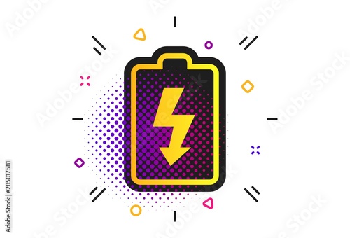 Battery charging sign icon. Halftone dots pattern. Lightning symbol. Classic flat battery icon. Vector