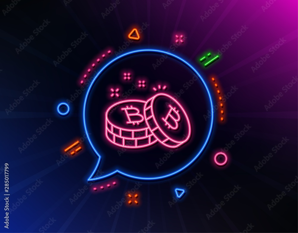 Bitcoin line icon. Neon laser lights. Cryptocurrency coin sign. Crypto money symbol. Glow laser speech bubble. Neon lights chat bubble. Banner badge with bitcoin icon. Vector Bitcoin line icon. Neon laser lights. Cryptocurrency coin sign. Crypto money symbol. Glow laser speech bubble. Neon lights chat bubble. Banner badge with bitcoin icon. Vector