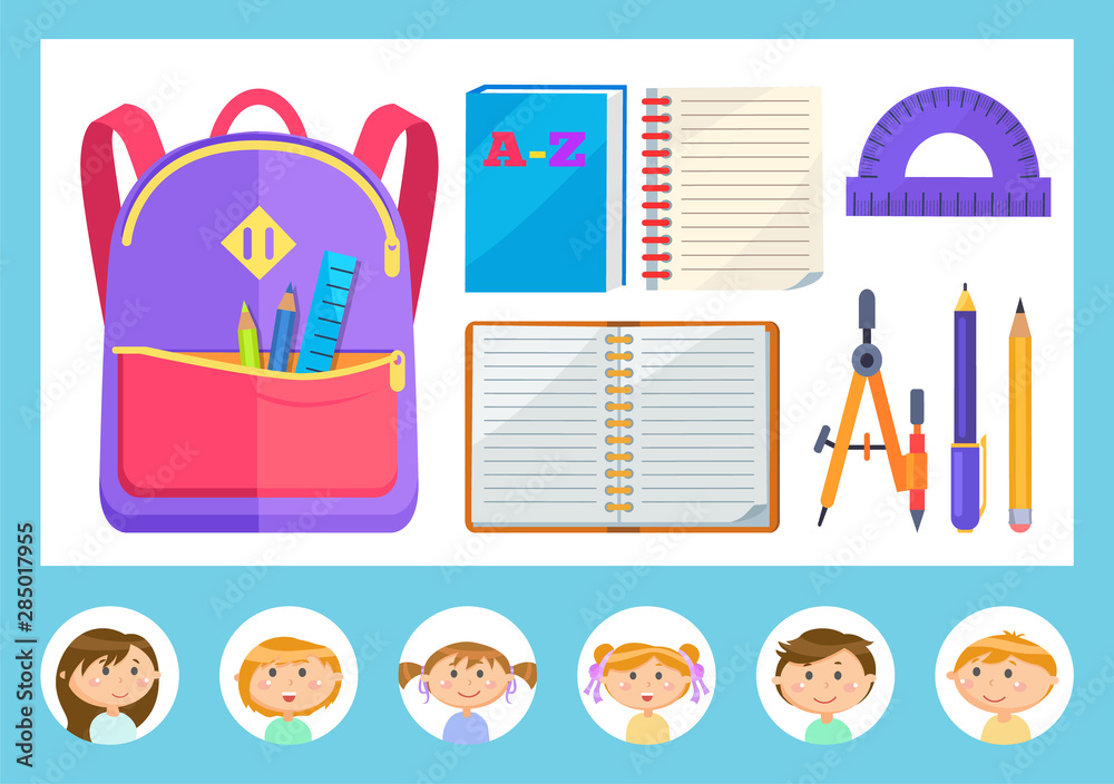 School children or pupils, backpack and stationery vector. Rucksack or knapsack and textbook, notebook and ruler, pen and pencil, girls and boys, education. Back to school concept. Flat cartoon School children or pupils, backpack and stationery vector. Rucksack or knapsack and textbook, notebook and ruler, pen and pencil, girls and boys, education. Back to school concept. Flat cartoon