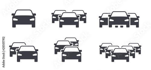 Different cars and traffic jam symbols icons