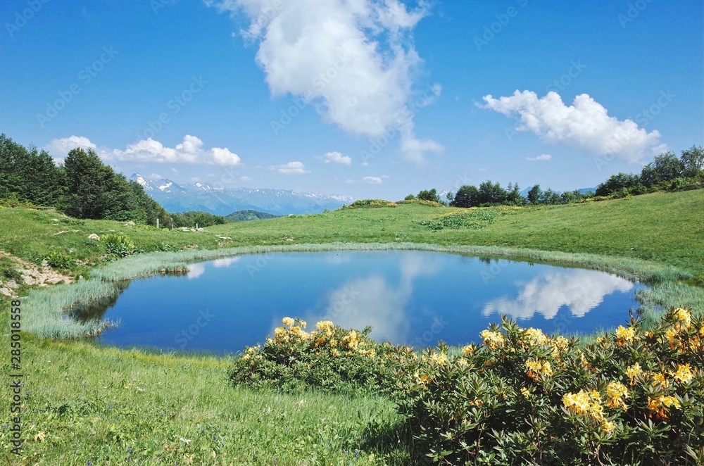 Alpine meadows and lake