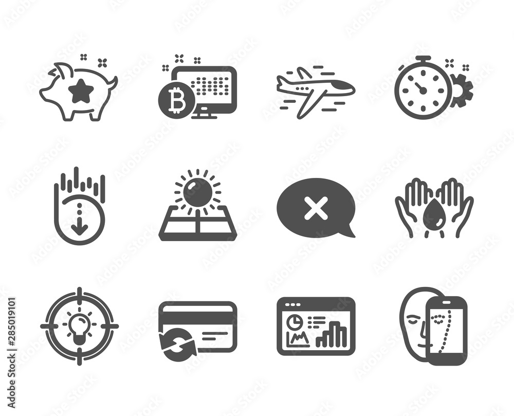 Fototapeta premium Set of Technology icons, such as Scroll down, Sun energy, Change card, Loyalty points, Face biometrics, Idea, Safe water, Seo statistics, Cogwheel timer, Reject, Airplane, Bitcoin system. Vector
