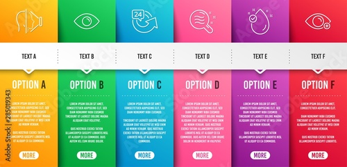 Eye, Face id and Skin condition line icons set. Infographic timeline. 24 hours, Vitamin e and Farsightedness signs. View or vision, Phone scanning, Search magnifier. Repeat. Medical set. Vector