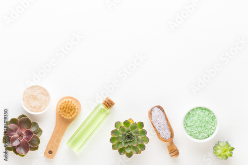 Bio herbal green cosmetic arrangement, sea salt and handmade cosmetic.