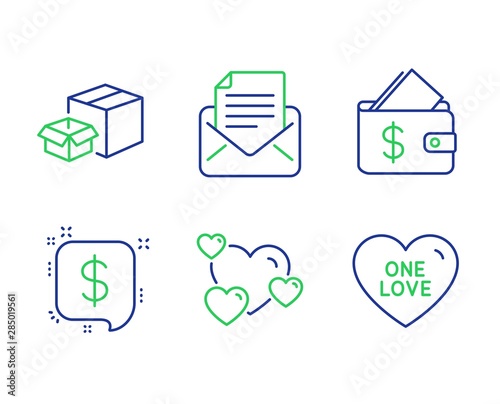 Heart, Wallet and Packing boxes line icons set. Payment message, Mail correspondence and One love signs. Love rating, Affordability, Delivery box. Finance. Line heart outline icons. Vector