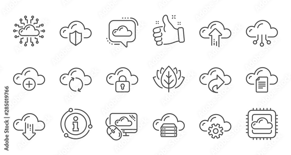 Cloud data and technology icons. Hosting, Computing data and File storage. Computer sync linear icon set. Quality line set. Vector Cloud data and technology icons. Hosting, Computing data and File storage. Computer sync linear icon set. Quality line set. Vector