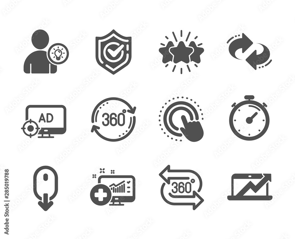 Set of Technology icons, such as Click hand, Star, Full rotation, Confirmed, 360 degree, Seo adblock, User idea, Timer, Medical analytics, Sales diagram, Refresh, Scroll down. Click hand icon. Vector Set of Technology icons, such as Click hand, Star, Full rotation, Confirmed, 360 degree, Seo adblock, User idea, Timer, Medical analytics, Sales diagram, Refresh, Scroll down. Click hand icon. Vector