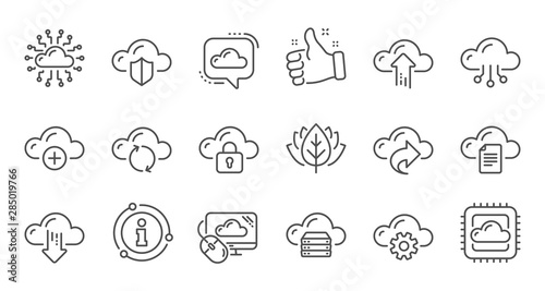 Cloud data and technology icons. Hosting, Computing data and File storage. Computer sync linear icon set. Quality line set. Vector