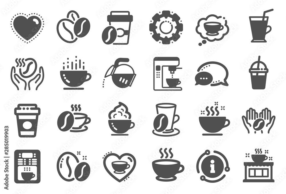 Coffee icons. Beans, hot cocktail and coffee maker machine. Espresso cup, cappuccino with whipped cream icons. Latte vending machine, breakfast drink and roasted beans. Quality set. Vector
