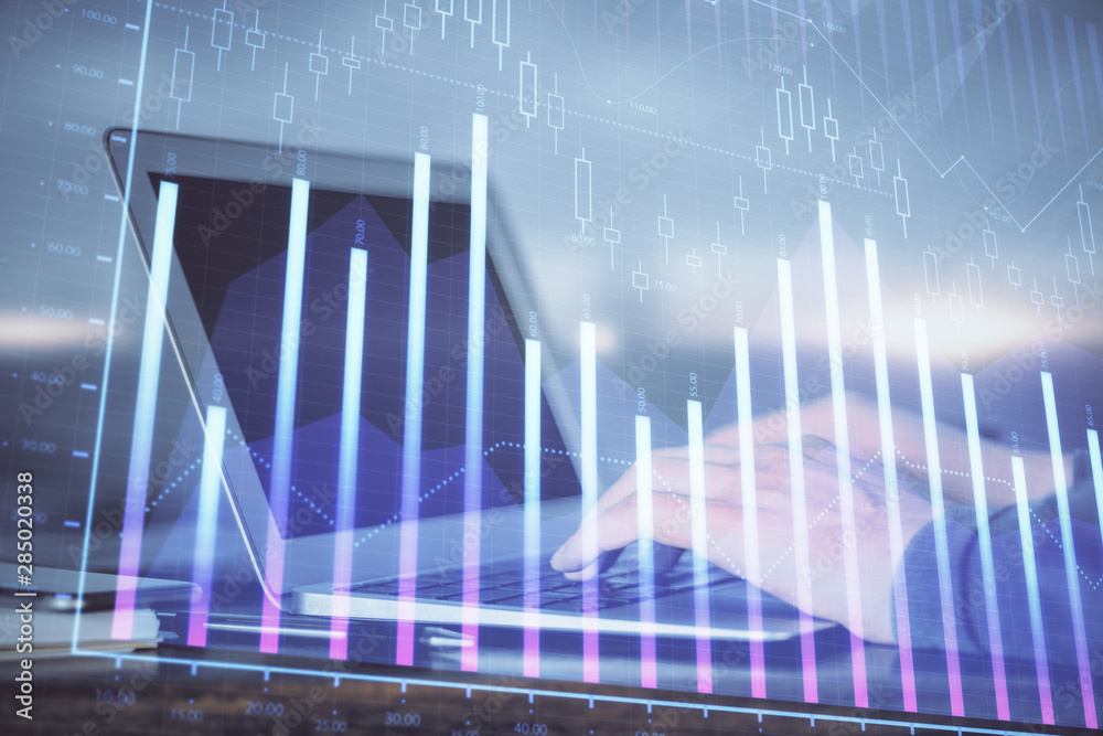 Double exposure of businessman's hands withcup of coffee with stock market graph background. Concept of research and trading. Double exposure of businessman's hands withcup of coffee with stock market graph background. Concept of research and trading.