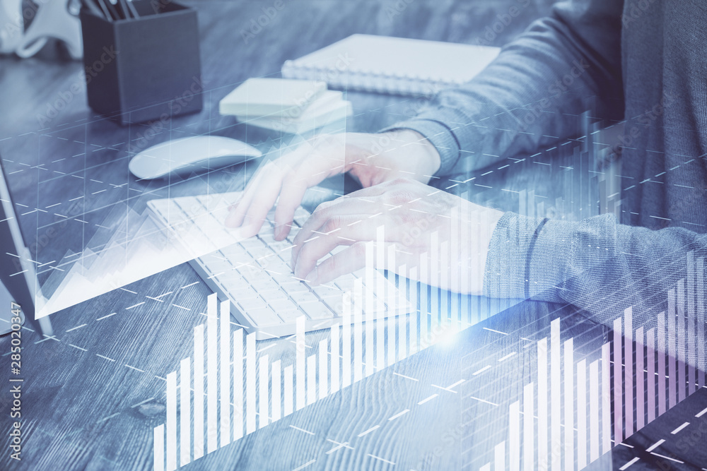 Double exposure of businessman's hands withcup of coffee with stock market graph background. Concept of research and trading. Double exposure of businessman's hands withcup of coffee with stock market graph background. Concept of research and trading.