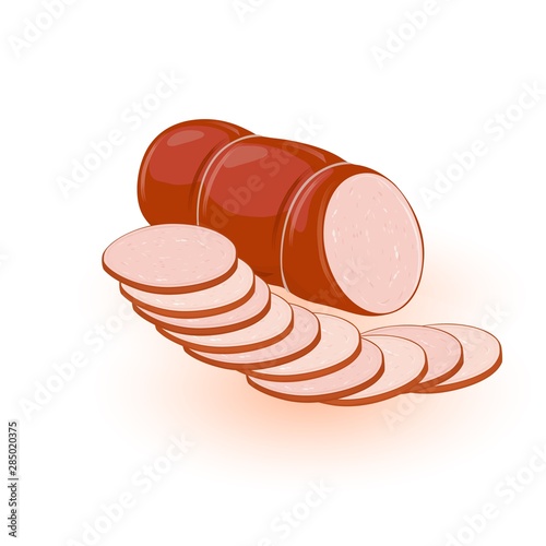 Boiled or smoked fat sausage, mortadella, kielbasa cutted to slices. Farm product from ground meat of pork, beef, chicken, veal. Vector cartoon illustration isolated on white for butchery label design